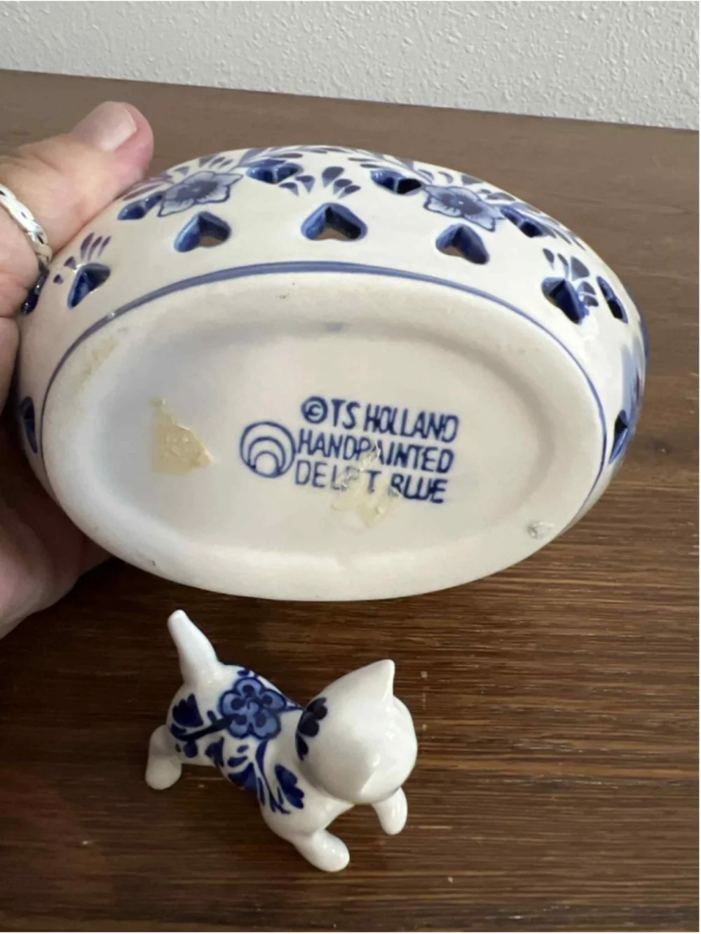 Vintage Delft Blue Holland Cat Basket Sets Hand Painted Porcelain Lot X2 Damaged